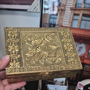 Ornate Floral Embossed Metal Jewelry Box - Gold